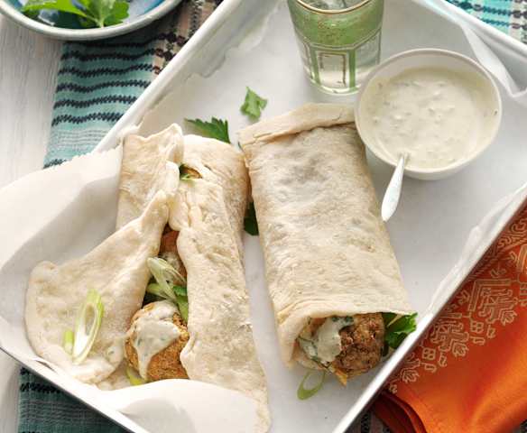 Falafel in square flatbread (R'Gaif bread) with tahini sauce