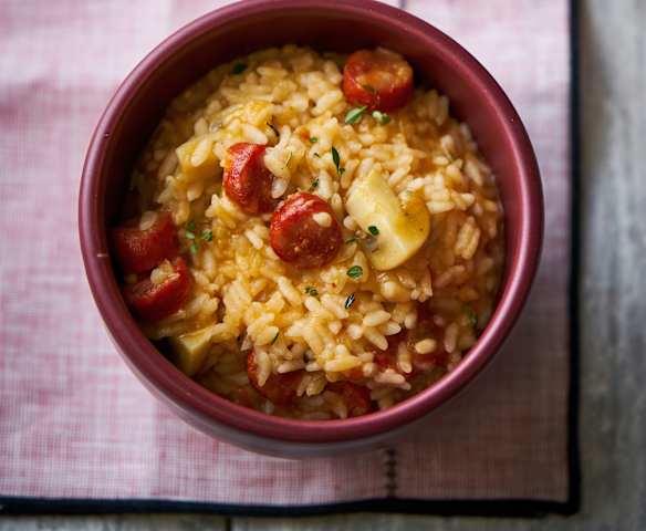 Risoto de cerveja, linguiça e cogumelos
