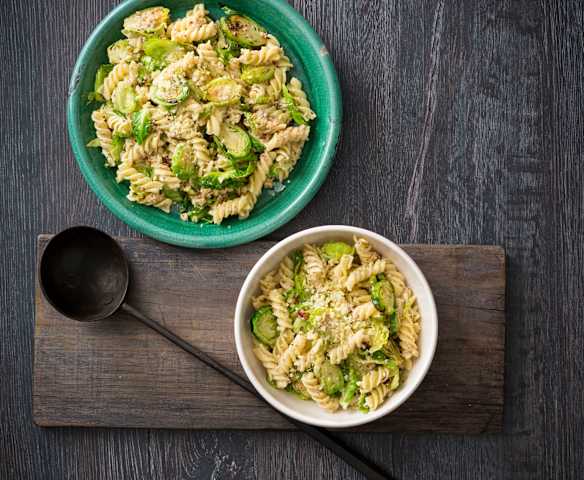 Brussels sprouts pasta with hazelnut dressing