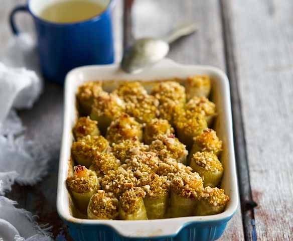 Canelones de alho-francês com quinoa e camarão