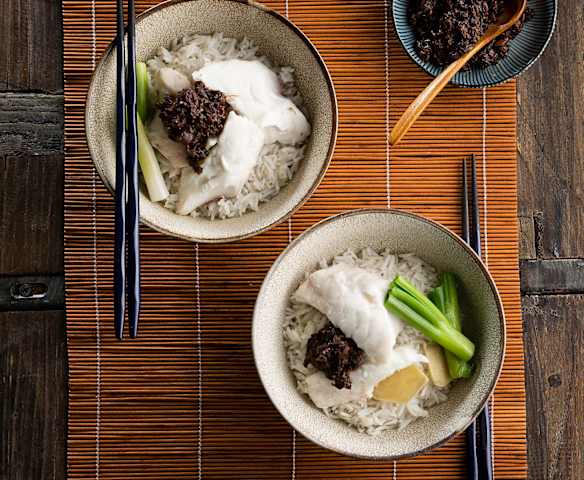 Steamed snapper, black beans and rice