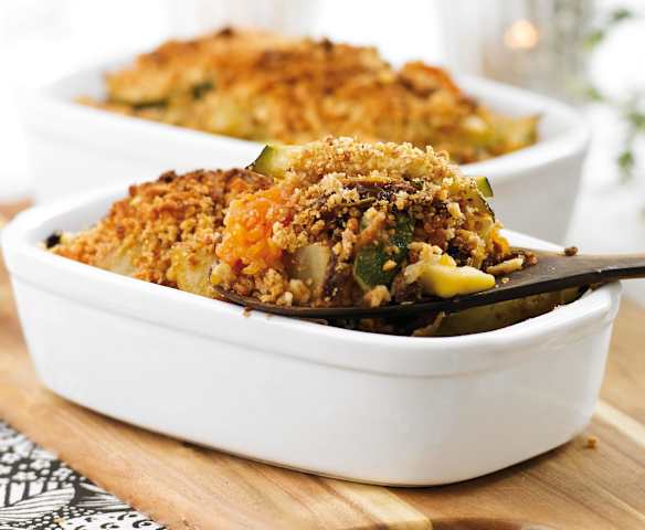 Crumble de abóbora, batata-doce e curgete