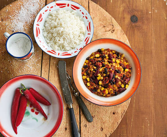 Chili vegetariano de lentilhas e milho