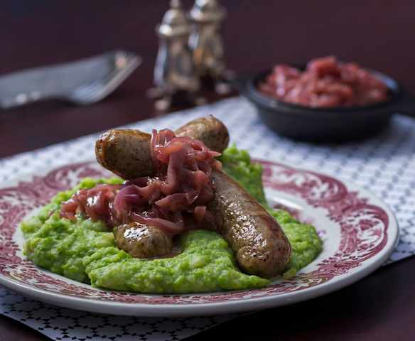 Bangers and mixed mash with caramelised onions