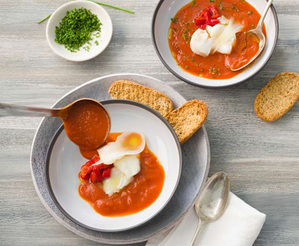 Crema de escalivada con guarnición de bacalao confitado