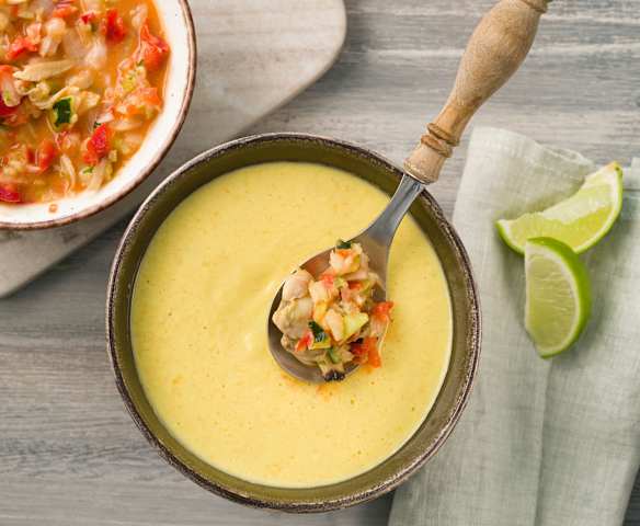 Gazpacho de maíz con guarnición de falso ceviche