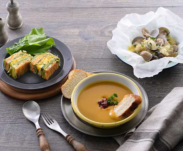 法式野菜蒸糕&蒜香奶油蛤蜊、咖哩南瓜濃湯