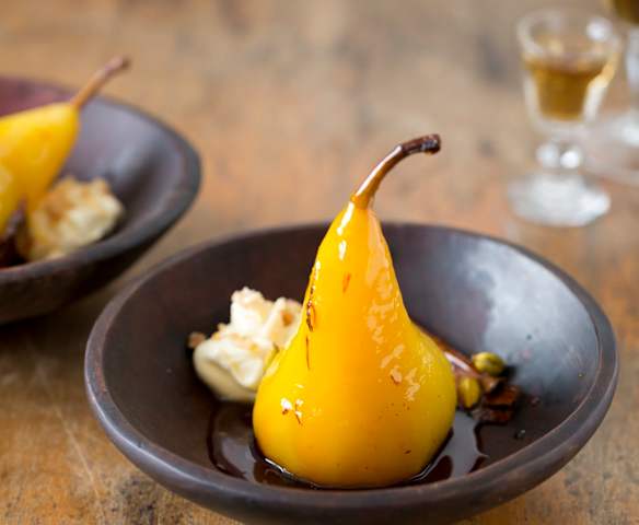 Saffron and cardamom poached pears