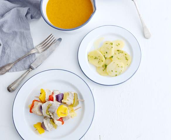 Creme de legumes e espetadas de maruca Creme de legumes e espetadas de maruca