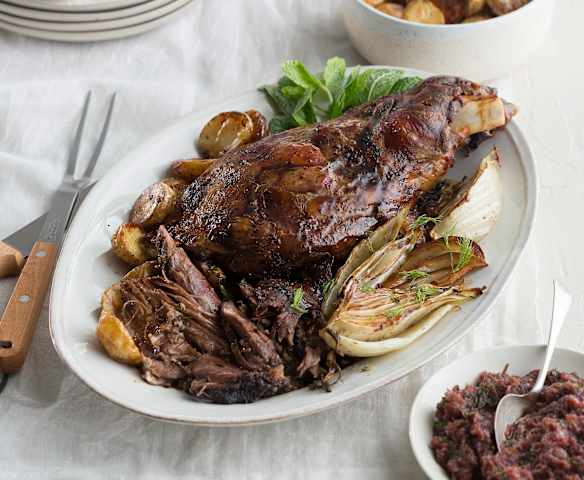 Slow roasted lamb shoulder and fennel with agrodolce dressing