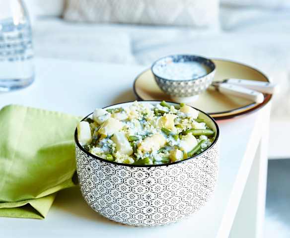 Salade couscous, haricots verts, asperges et fenouil, sauce vinaigrette fromage blanc-cerfeuil