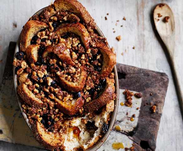 Maple bread and butter pudding with walnut crumble
