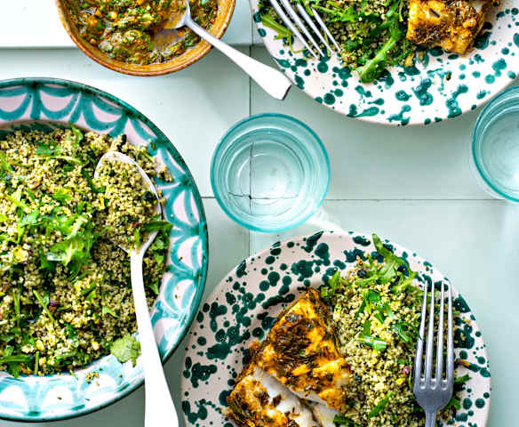 Poisson à la chermoula, couscous vert