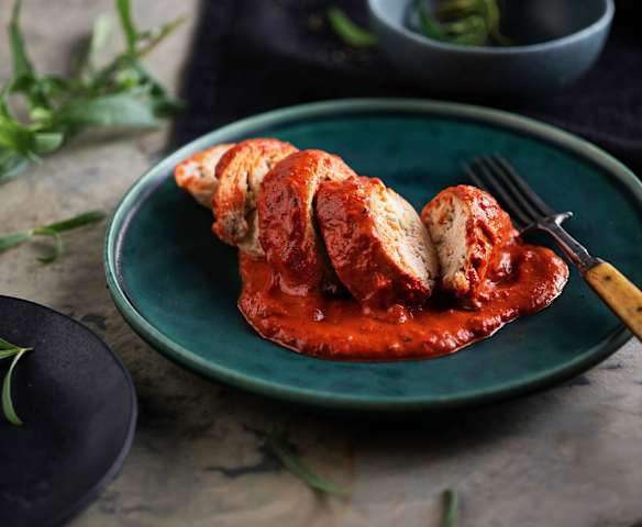 Sous-vide Chicken Ballotine with Red Pepper Sauce Sous-vide Chicken Ballotine with Red Pepper Sauce