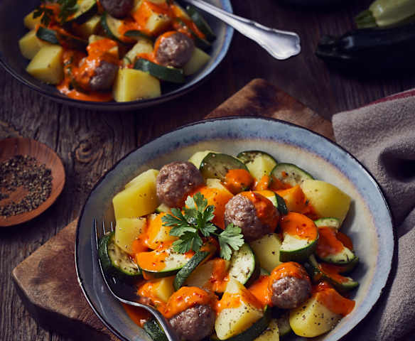 Zucchini-Kartoffel-Topf mit Fleischbällchen und Ajvarsauce
