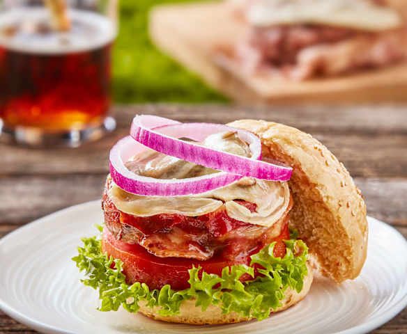 Beer Can Burger with Beer Mushrooms