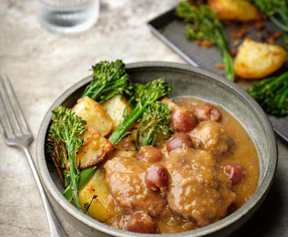 Pork Cheek and Cherry Stew with Roast Potatoes and Tenderstem Broccoli