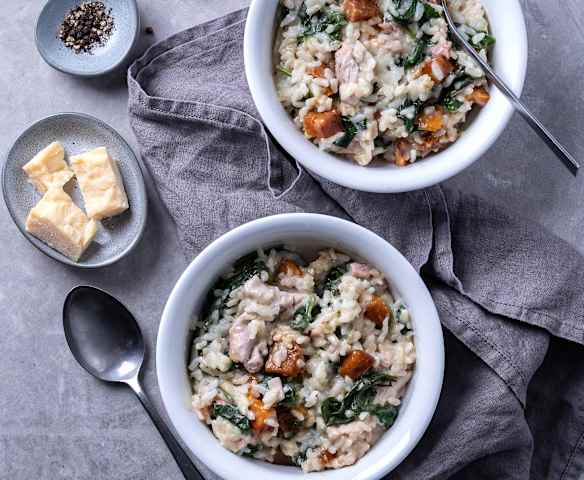 Chicken, bacon, pumpkin and spinach risotto
