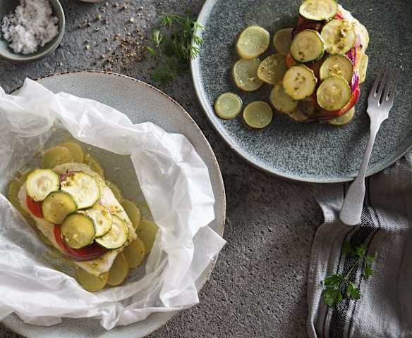Steamed Hake and Sliced Vegetable Parcels