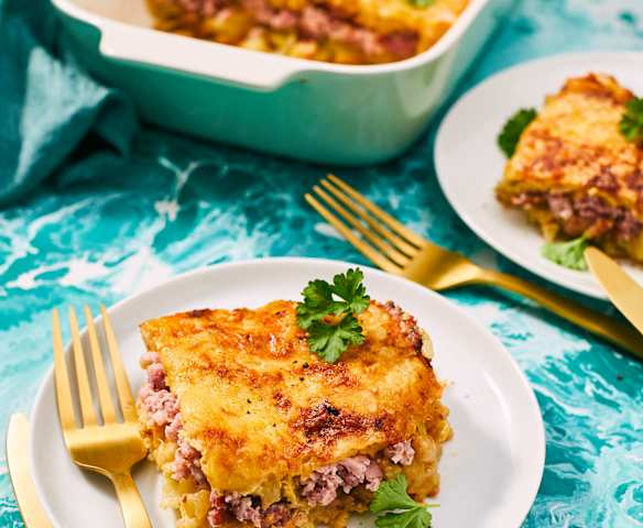 Röstiauflauf mit Kasseler und Frischkäsesauce