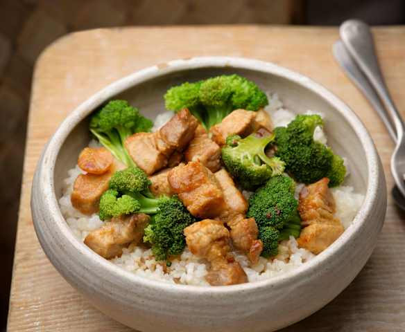 Pork Belly, Steamed Broccoli and Sesame Rice