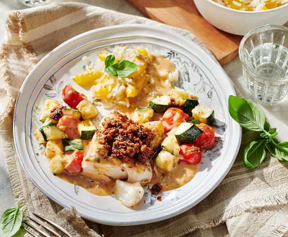 Tomaten-Kabeljau en papillote mit Reis