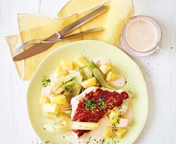 Balsamico-Schnitzel mit Kartoffeln und Fenchel