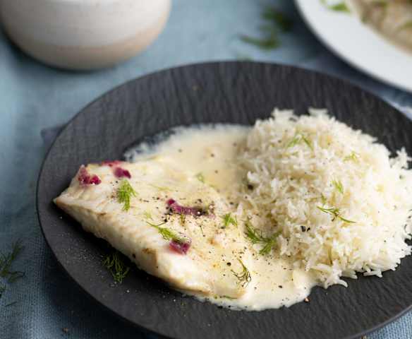 Rodaballo al cava con arroz basmati