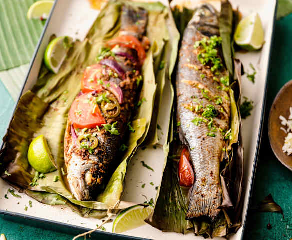 Yucatán-style Sea Bass Baked in Banana Leaves with Sweetcorn Rice