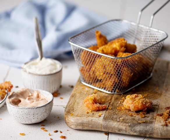 Popcorn Prawns with Vegan Aioli and Cocktail Sauce Popcorn Prawns with Vegan Aioli and Cocktail Sauce