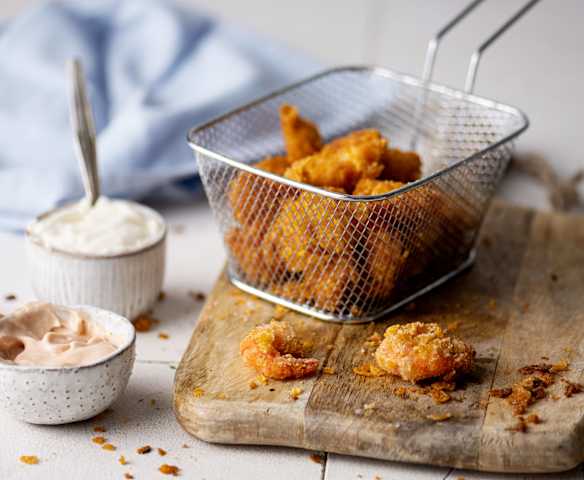 Langostinos rebozados con ajonesa y salsa cóctel Langostinos rebozados con ajonesa y salsa cóctel
