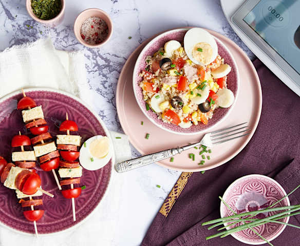 Salade composée et banderilles de tortilla Salade composée et banderilles de tortilla