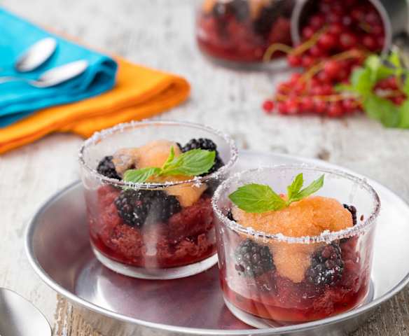 Sorbetto con bitter alcolico e frutti di bosco