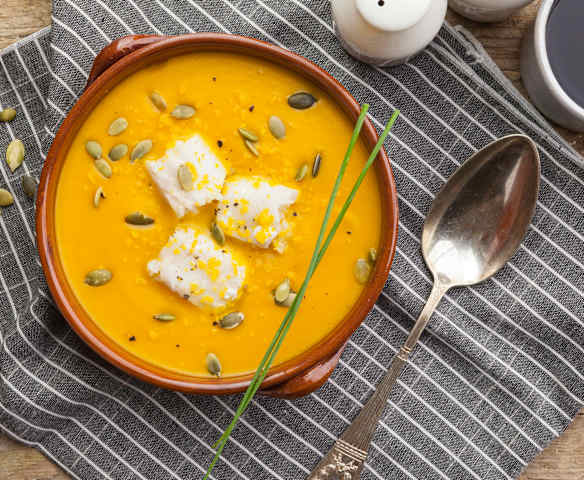 Vellutata di zucca e patate con merluzzo all'arancia