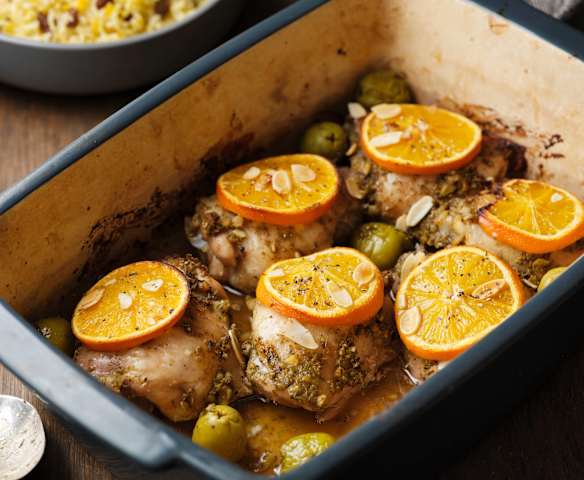 Orange-roasted Chicken Thighs with Green Olives and Basmati Rice Orange-roasted Chicken Thighs with Green Olives and Basmati Rice
