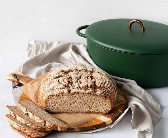 Gluten free artisan loaf baked in a cast iron pot