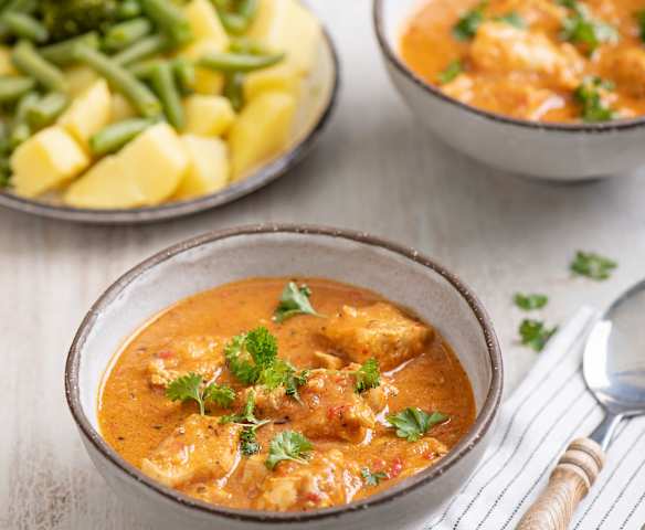 Kurczak w sosie paprykowym z ziemniakami, brokułami i fasolką