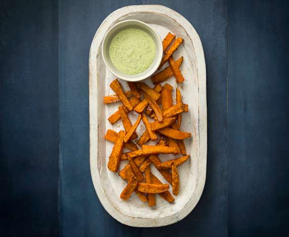 Peri peri sweet potato fries with coriander yoghurt sauce