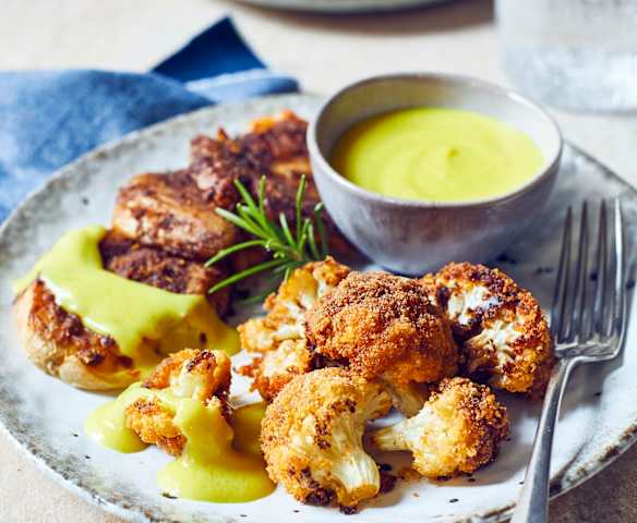 Blumenkohl mit veganer Hollandaise und Knusperkartoffeln Blumenkohl mit veganer Hollandaise und Knusperkartoffeln
