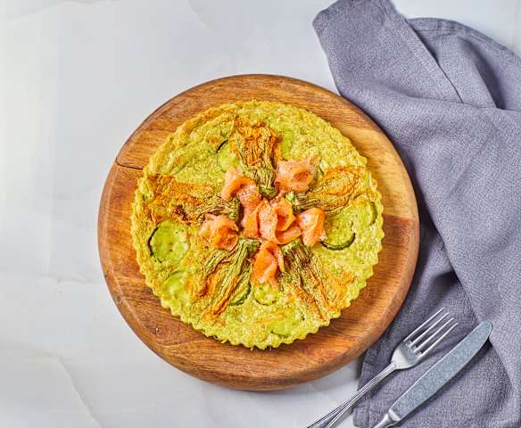 Clafoutis fiori di zucca e salmone Clafoutis fiori di zucca e salmone