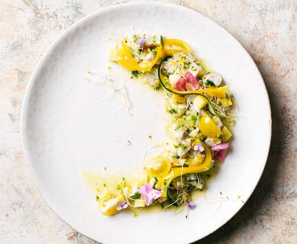 Ceviche de lubina y langostinos con piña