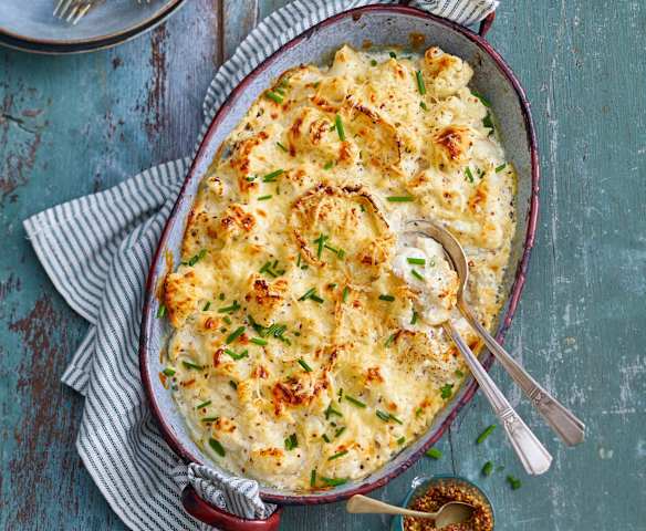 Gratin de chou-fleur, crème à la moutarde et fromage