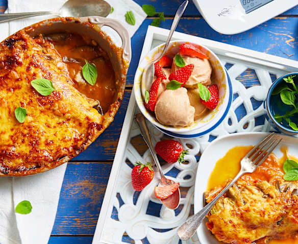 Gratin d'aubergine et comté - Yaourt glacé à la fraise et basilic