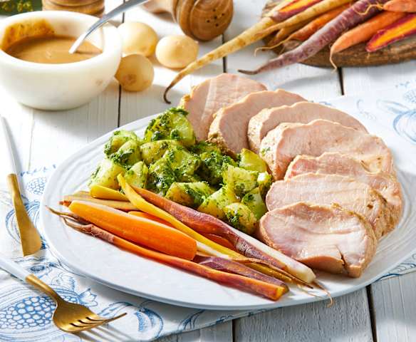 Pork Tenderloin with Carrots and Pesto Potatoes