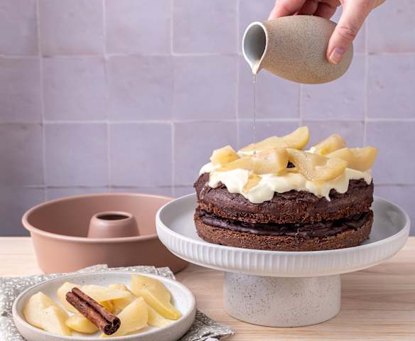 Steamed chocolate cake and poached pears