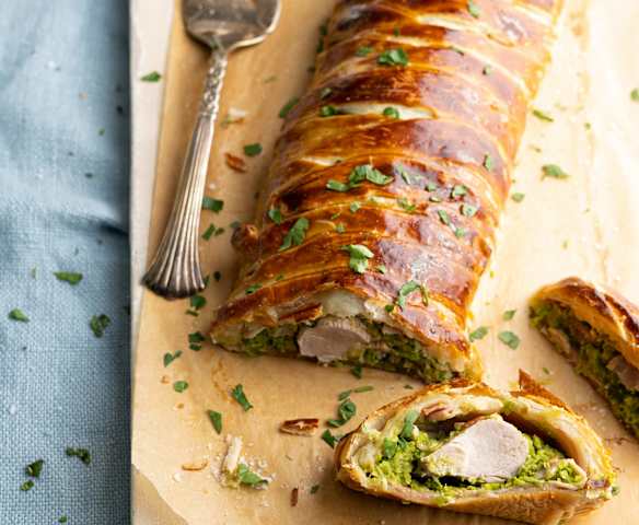 Pork Wellington with Green Pea Duxelles and Champagne Sauce