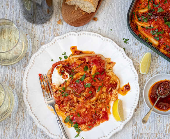 Calamari tray bake with pil pil and risoni