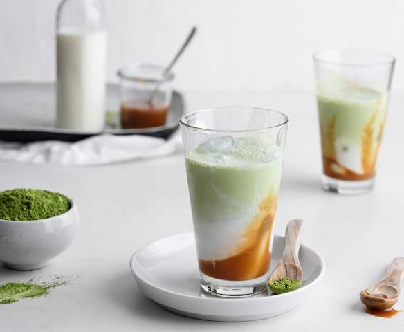 Iced matcha coconut caramel latte