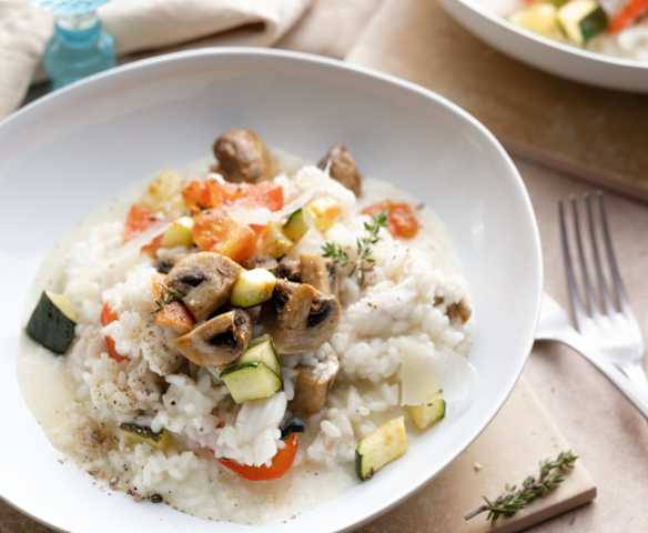 Risotto con verduras asadas y lenguado
