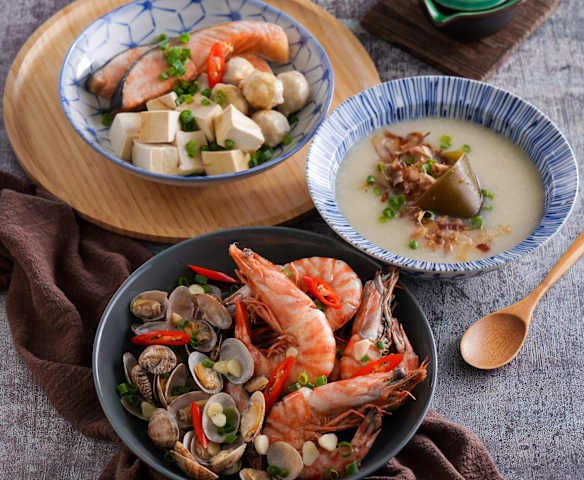 和風鍋-手工魚丸鮭魚加豆腐+清蒜明蝦蛤蜊+味噌柴魚昆布粥